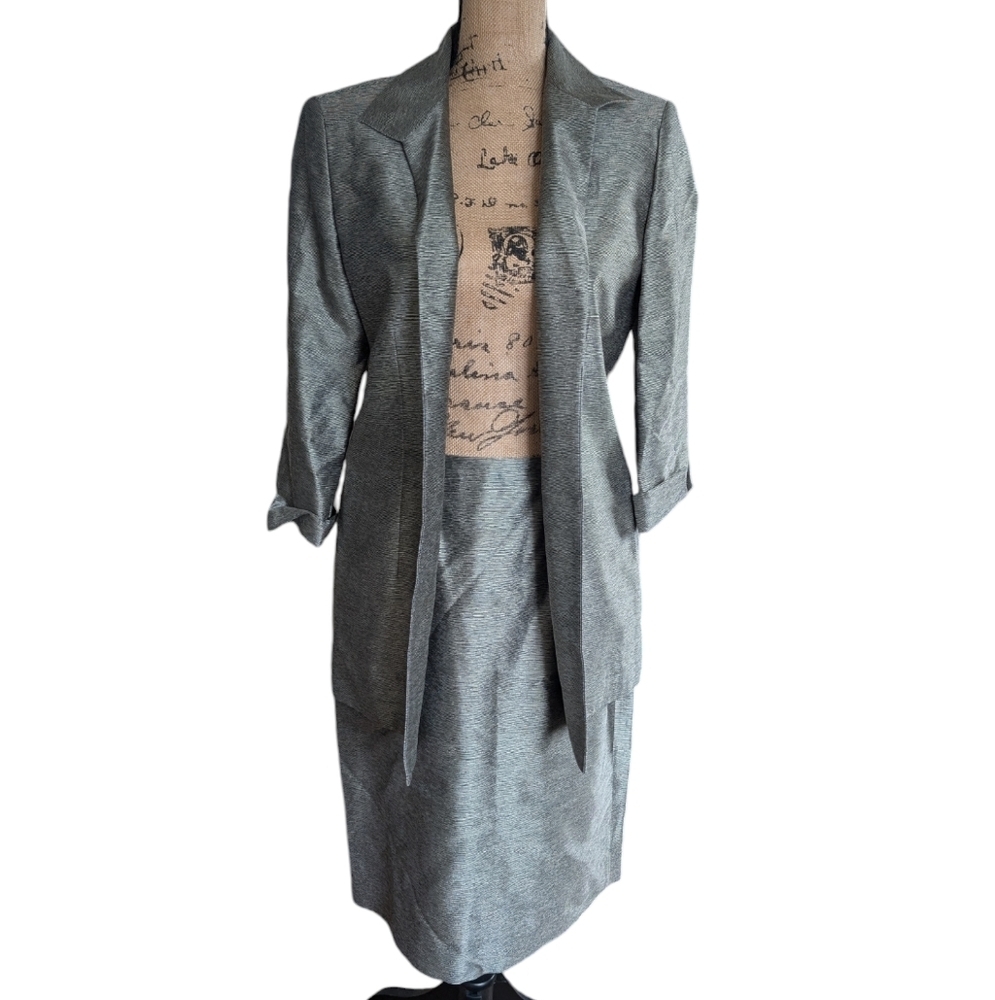 NWT y2k Luxury 100% Silk Silver Metallic Textured Skirt Suit Set Sz 8 DEADSTOCK